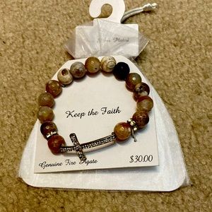 Agate beaded bracelet with silver plated rhinestone cross. NWT